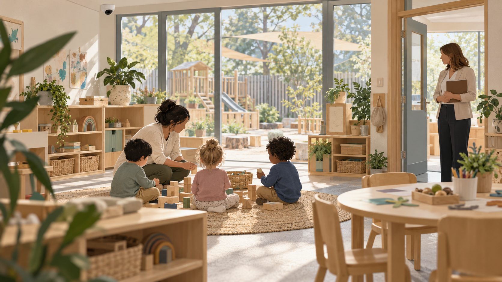 A childcare educator sits with three toddlers playing with wooden blocks in a bright childcare room, while a director holding a clipboard observes from the doorway and a ceiling-mounted CCTV camera is visible in the corner.